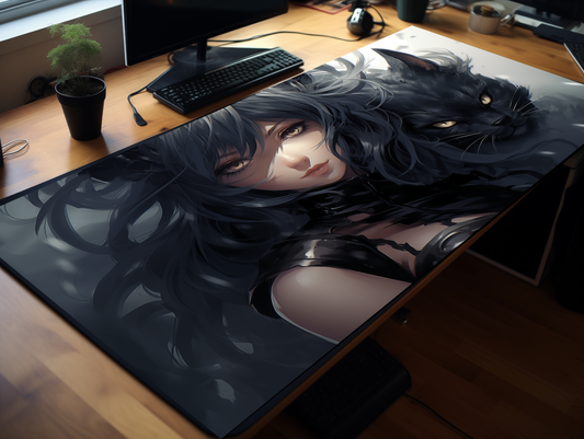 Cat and Girl Fantasy Desk Mat and Mouse Pad Gaming Gift